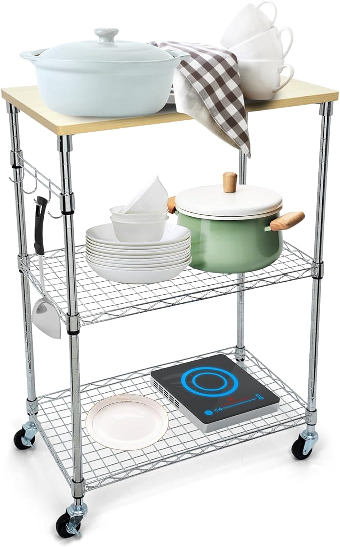 Chrome 3-Tier Rolling Kitchen Cart with Wheels 14" D x 24" W x 34" H and Wood Board Tabletop and 4 Hooks, 300 Pound Capacity, Great for Coffee Cart, Food Service Cart or Utinity and More.