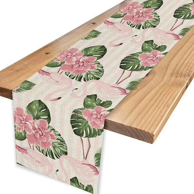 Tropical Table Runner,Retro Flamingo Hawaii Summer Palm Leaves Flower Stripes Table Center Decor for Family Kitchen Living Room Outdoor Farmhouse Party Table Decorations, 13"x72"