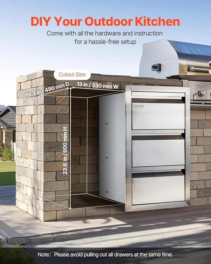 VEVOR Outdoor Kitchen Drawers 14.7" W x 25.4" H x 18.7" D, Box Frame Style Flush Mount BBQ Drawers with Stainless Steel Handle, BBQ Island Drawers for Outdoor Kitchens or Patio Grill Station