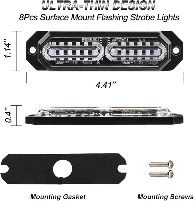 ASPL 8pcs Sync Feature Ultra Slim 12-LED Surface Mount Flashing Strobe Lights for Truck Car Vehicle LED Mini Grille Light Head Emergency Beacon Hazard Warning Lights (Blue)