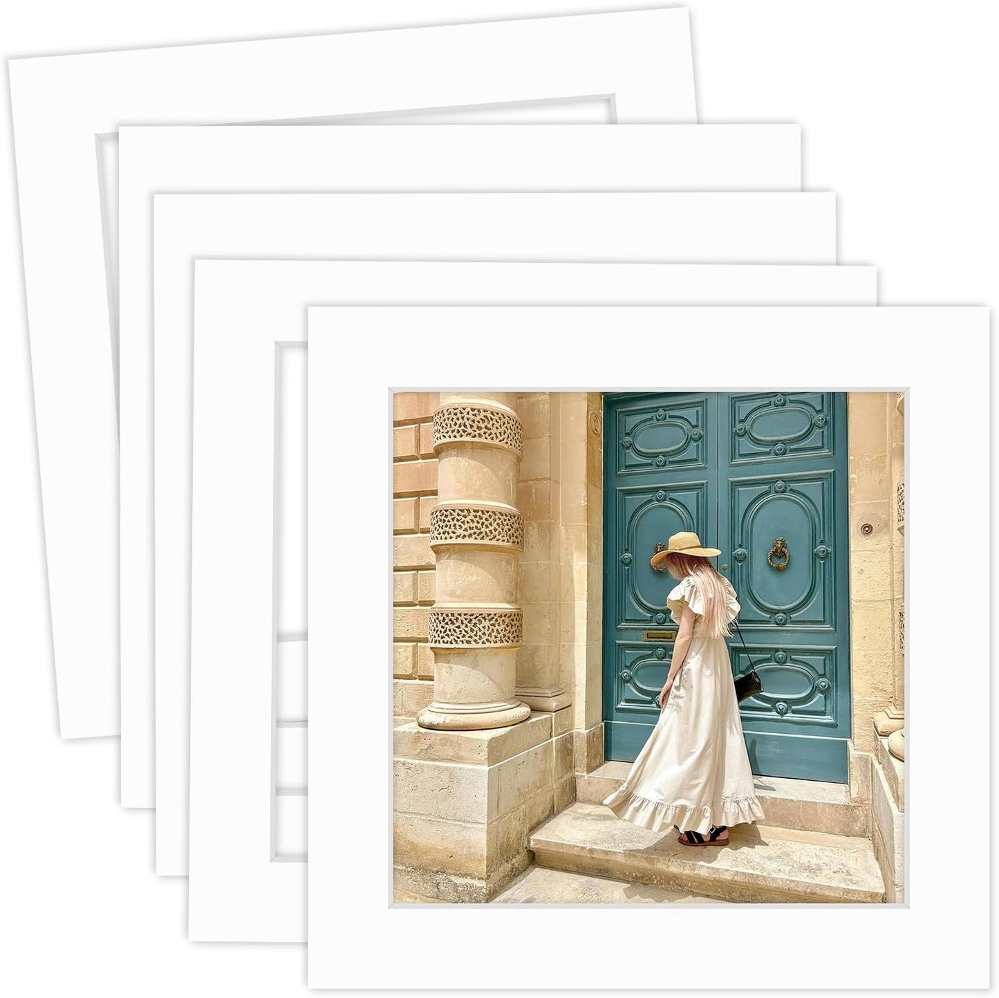 MBC Mat Board Center, 5 Pack 10x10 for 8x8 White Picture Mats Frame Mattes, Bevel Cut, Acid Free, 4-ply Thickness