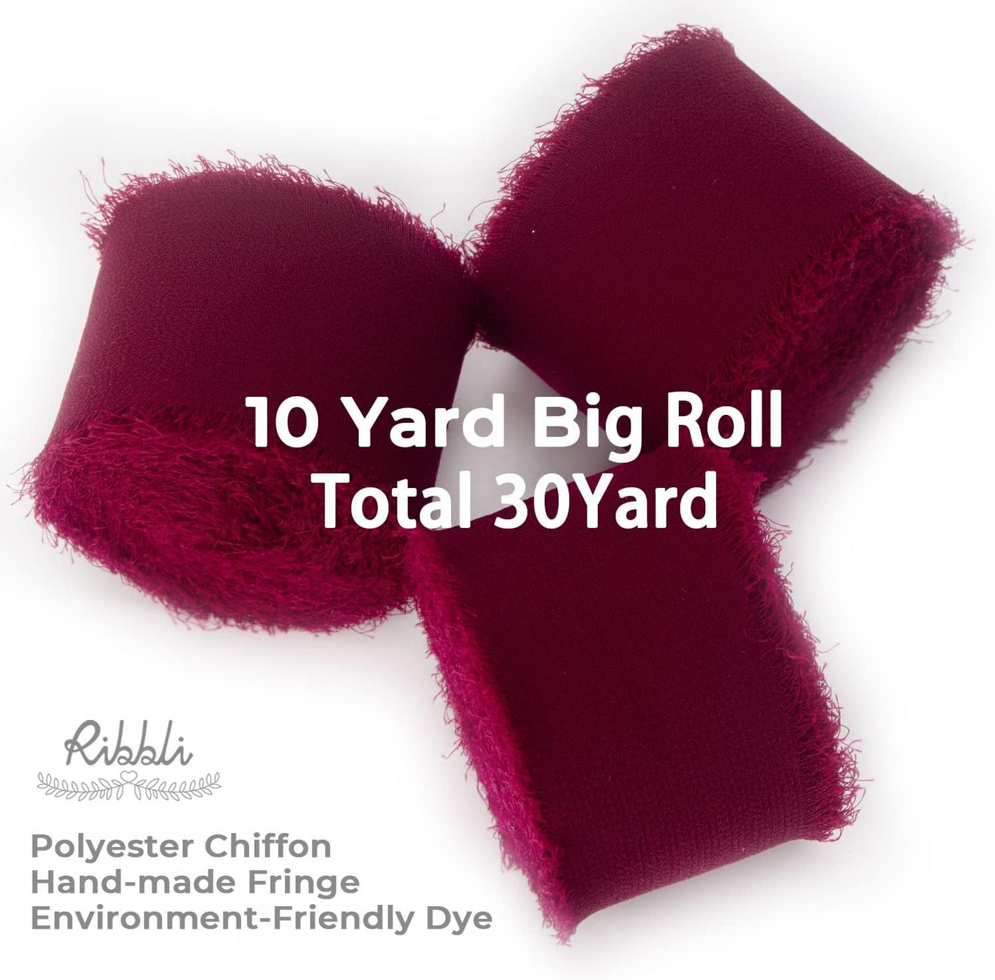 Ribbli Burgundy Chiffon Silk Ribbon, 1.5 inch x 30 Yard, Handmade, Fringe, Wedding Invitations, Gift Wrapping, Bridal Bouquets, Flower Arrangement
