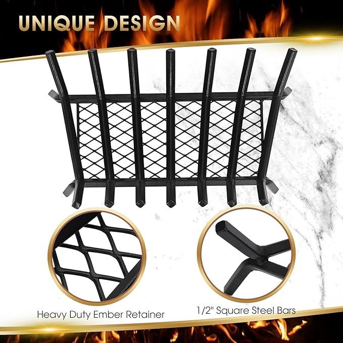 G GOOD GAIN Fireplace Grate with Ember Retainer, 26" Heavy Duty Steel Indoor, Chimney Hearth Wood Stove Rack Holder,1/2 Bar Fire Place Asseccories for Outdoor, Fire Pits, Camping.