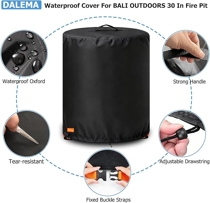 Fire Pit Cover for Bali Outdoors 30 x 25 Inch Propane Fire Pit,Outdoor Heavy Duty 600D 100% Waterproof Fire Pit Cover Round,Weatherproof Firepit Covers Round 30" Dia x 25" H,Black