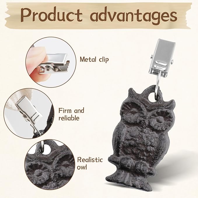 Black Cast Iron Antique Owl Tablecloth Weights Clip on Set of 8, Heavy Duty Vintage Pendant Tablecloth Weights Kit, Flag Weights Clips for Outdoor Garden Party Picnic Tablecloths