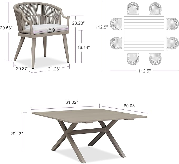 PURPLE LEAF 9 Pieces Outdoor Dining Set All Weather Wicker Patio Dining Set with Square Aluminum Table and Modern Armrest Dining Chairs for Garden Deck Backyard Kitchen, Champagne