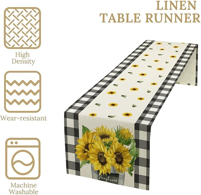 Morden Sunflower Table Runner,White Black Buffalo Plaid Watercolor Summer Flower Plants Leaves Print Table Runner for Kitchen Dining Table Holiday Home Party Decor 13x36in