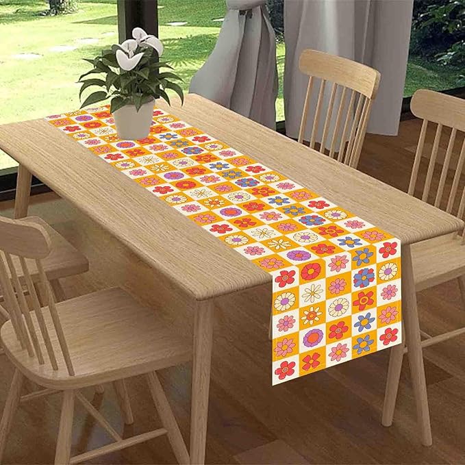 70s Table Runner, Retro Groovy Hippie Daisy Floral Colorful Checkered Funky Trippy Coffee Table Center Decor for Home Kitchen Dining Patio Holiday Party Indoor Outdoor Table Decorations, 13"x72" Inch