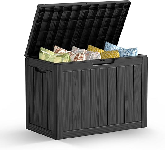 Mars Villa 45 Gallon Deck Box, Resin Outside Storage Box Waterproof for Patio Furniture Pillows, Pool Supplies, Gardening Tools, Indoor and Outdoor, Weatherproof and UV Resistant, Black