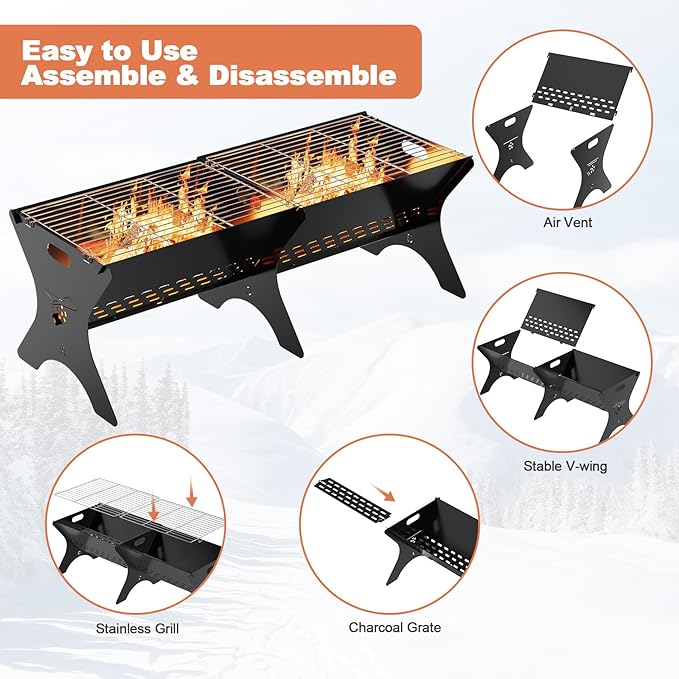 Charcoal Grills 2 Packs | Portable Folding Camping Grills, Backpacking & BBQ Grill, Heavy Duty Firepit Grate Grill with Carry Bag for Outdoor Cooking, Bonfire, Patio, Backyard-31 Inch