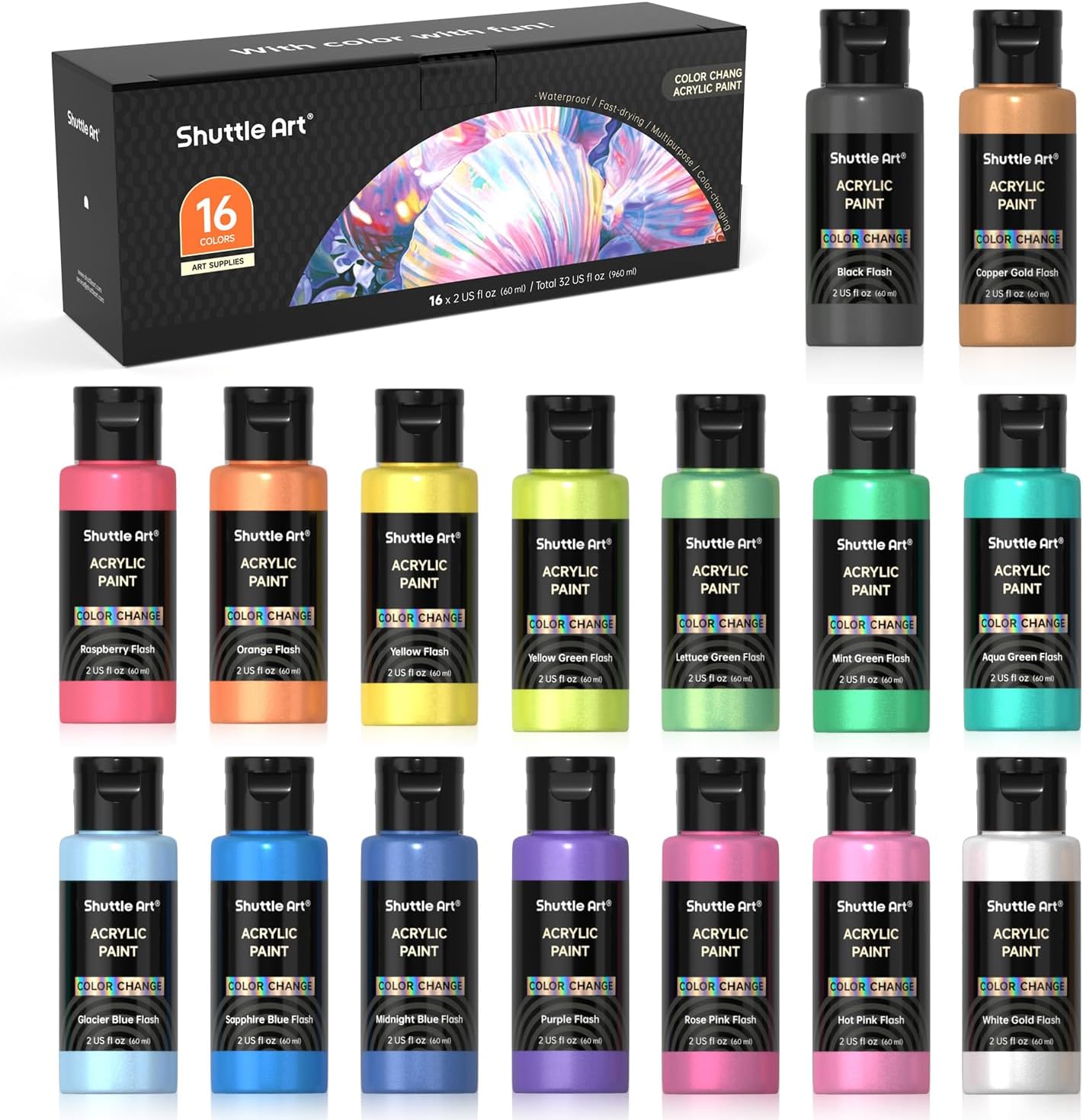 Shuttle Art Color Change Acrylic Paint Set, 16 Colors Chameleon Colors Acrylic Paint in Bottles (60ml/2oz), Non-Toxic for Artists, Beginners and Kids on Rocks, Crafts, Canvas, Wood, Fabric, Ceramic