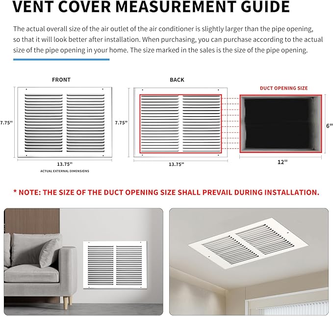 12x6 Vent Cover(Duct Opening Size),Air Return Vent Cover,Flat Vent Cover,Rejillas De Aire Acondicionado para Casa,Return Air Grilles,Outer Dimensions:13.75"W x 7.75"H(12"W x 6"H, Duct Opening)