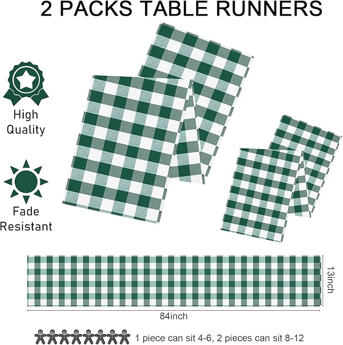 Green Plaid Table Runner 2 Packs 13 x 84 inch Buffalo Check Table Runner St. Patrick's Day Cotton Dresser Scarves for Home Party Dinner Gatherings Decorations