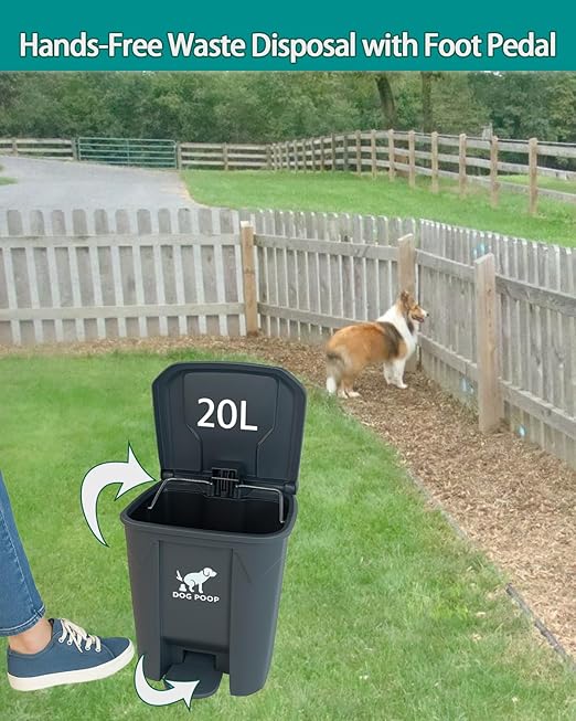 Large Dog Poop Trash Can Outdoor 20L / 5.3 Gallon - Waterproof Pet Waste Station with Foot Pedal, Removable Inner Bucket & 100 Bags for Backyard Garden Odor Control