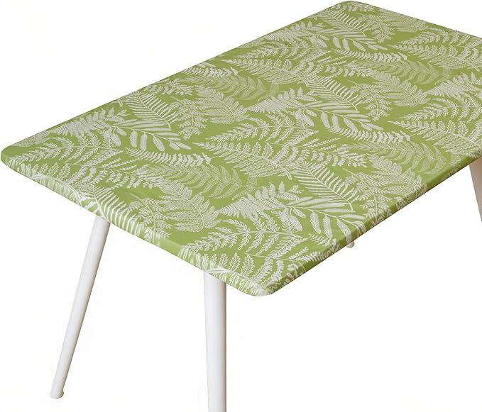Rectangle Picnic Table Cloth, Elastic Waterproof Fitted Vinyl Tablecloths for 6 Foot Tables, Wipeable Flannel Backed Table Covers for Dining, Camping, Outdoor(Green Leaves,36"x72")