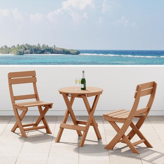 Costaelm Paradise 3-Piece Outdoor HDPE Folding Patio Bistro Table and Chairs, Teak