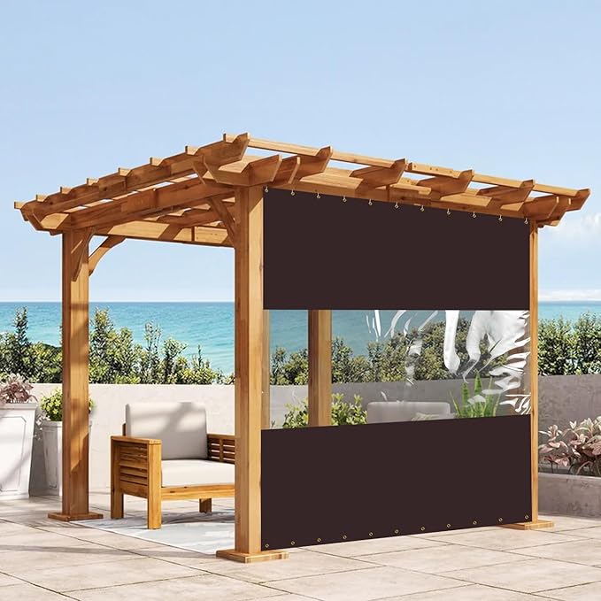 Covers & All Outdoor Clear Panel Curtain, 12 oz Vinyl Outdoor Curtains for Patio, Weather Resistant Waterproof Tarp with Brass Grommets for Pergola, Porch, Gazebos, Balcony (8'H x 12'W Feet, Coffee)