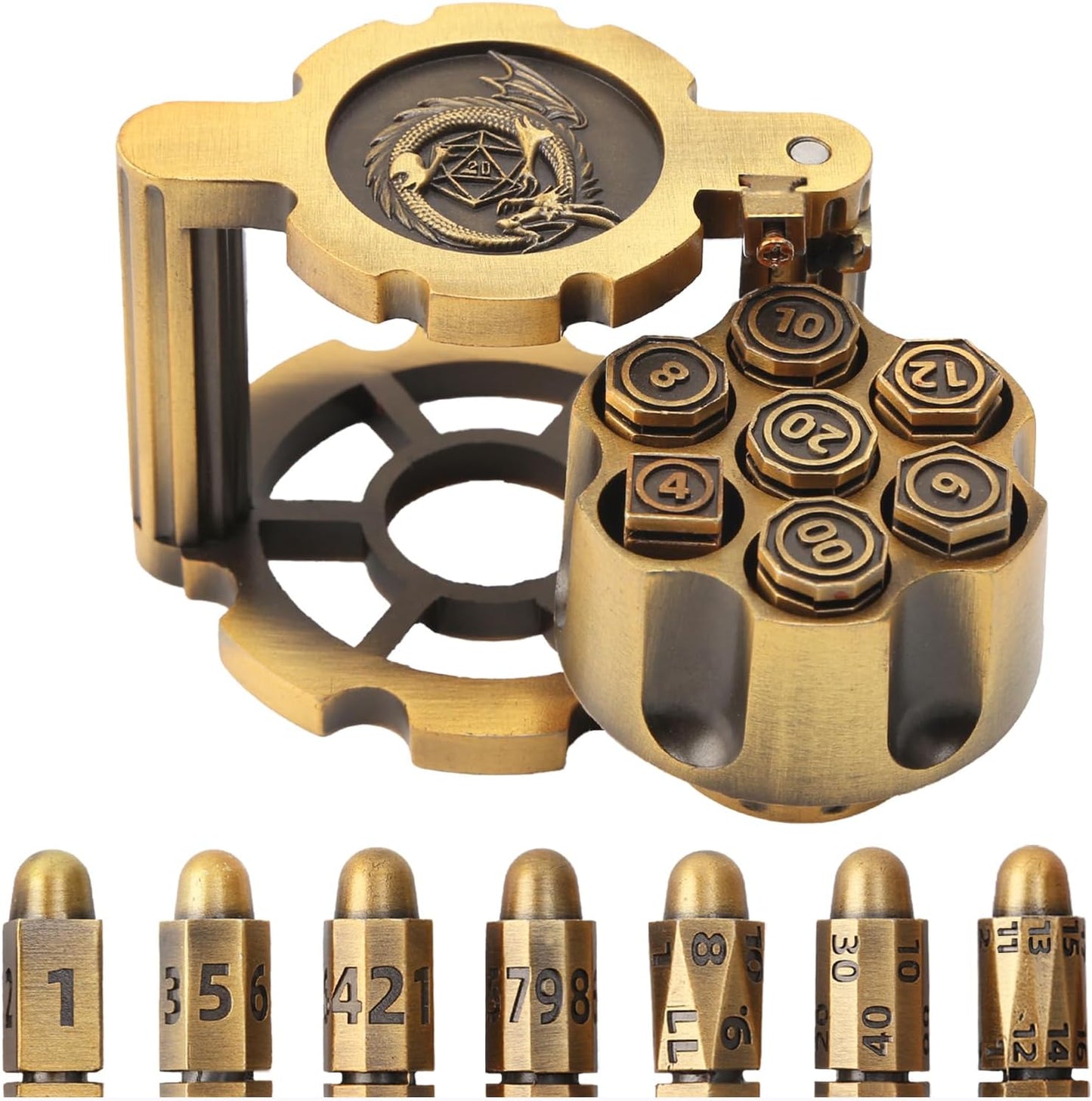 Bullet Dice, Revolver Bullet Metal Dice Set with Spinning Revolver Cylinder Container & Seven Polyhedron Dices for Sci-Fi, War, Crime Theme Tabletop Games