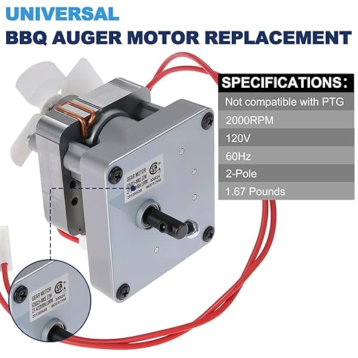 2.0 RPM Auger Motor Replacement Parts, Upgraded Barbecue Auger Motor Replacement 120V 60Hz 2 Pole, Compatible with Traeger, Pit Boss, and Camp Chef, Wood Pellet Grill Smokers