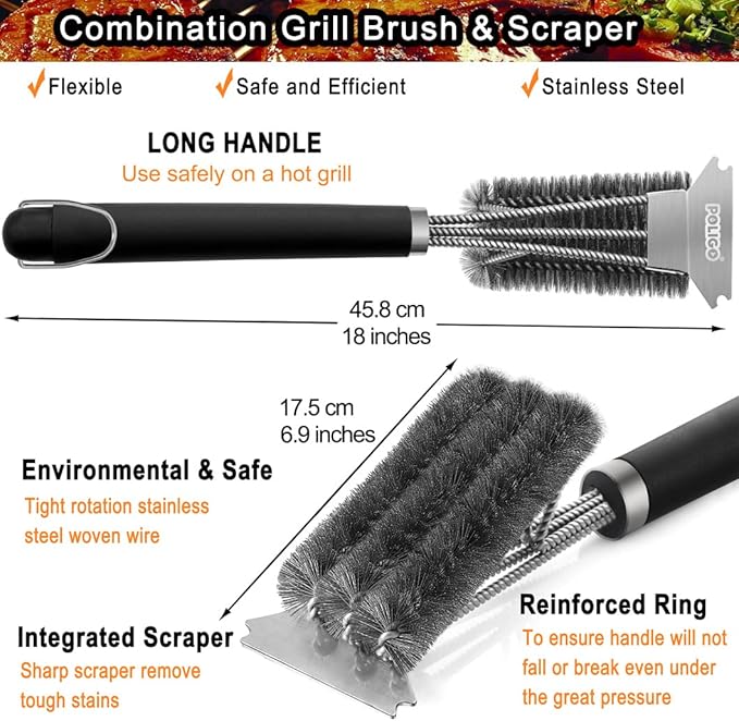 POLIGO Safe Grill Brush and Scraper with Deluxe Handle - 18" Grill Cleaner Brush Stainless Steel Bristle Grill Brush for Outdoor Grill Wizard Grate - BBQ Brush for Grill Cleaning Ideal Grilling Gifts