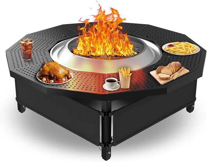 Fire Pit Surround Tabletop for Solo Stove Bonfire Ranger 2.0, with Coated Steel and UV-Resistant Outdoor Fabric, Adjustable Tabletop for Solo Stove Bonfire Accessories, Thick Metal