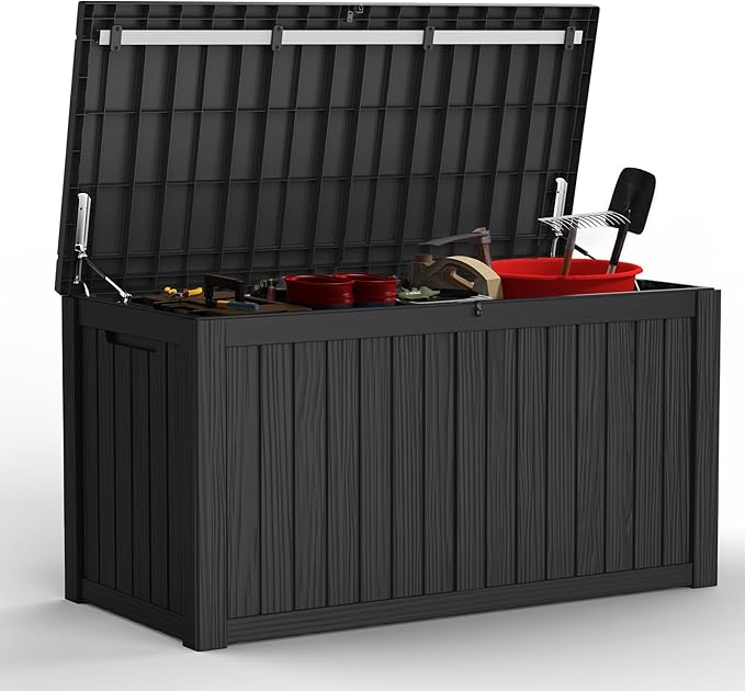 Mars Villa 150 Gallon Deck Box, Waterproof and Weatherproof Large Resin Storage Bin with Lockable Lid, Ideal for, Outdoor, Patio Furniture Cushions, Pool Supplies, Garden Tools, Black