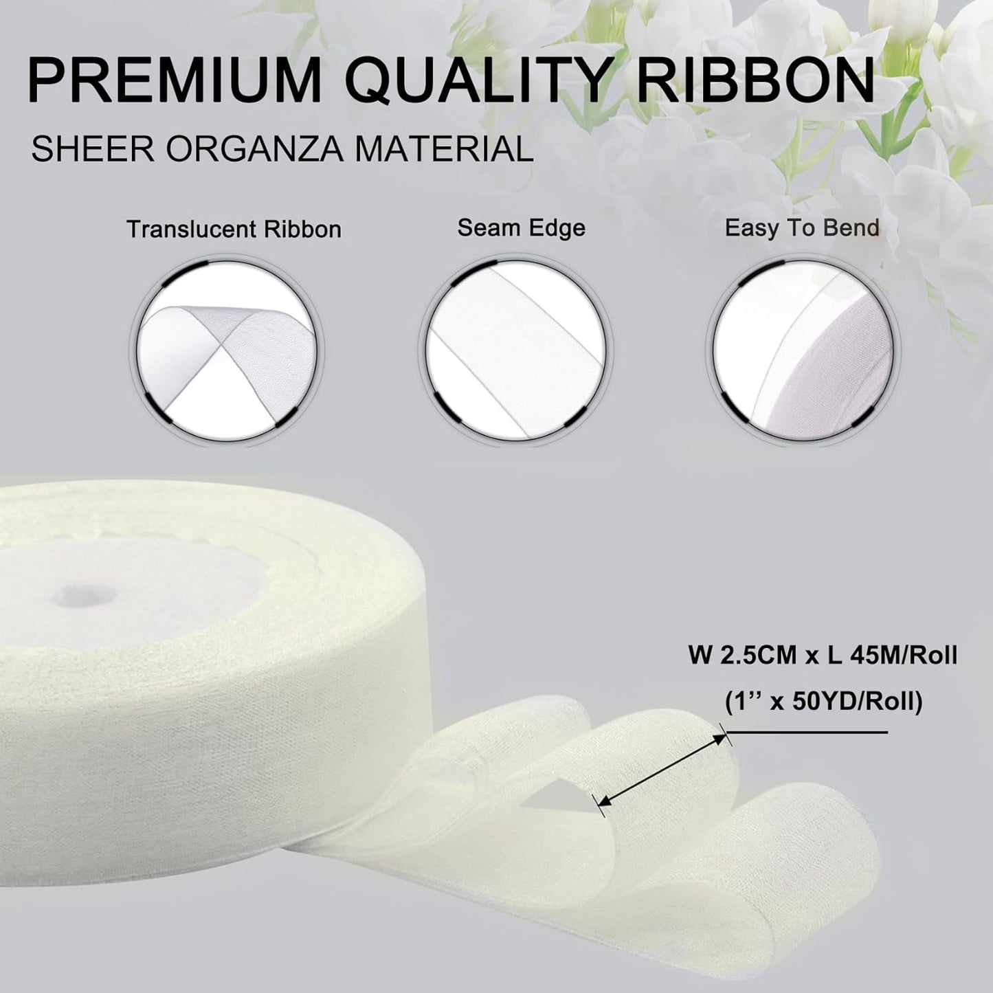 White Ribbon for Gifts Wrapping, 1 inch 50Yard Sheer Organza Ribbon, Gift Wrap Chiffon Fabric Ribbons for Flower Bouquet, Christmas, Mothers Day, Wedding, Crafts, Party Decoration