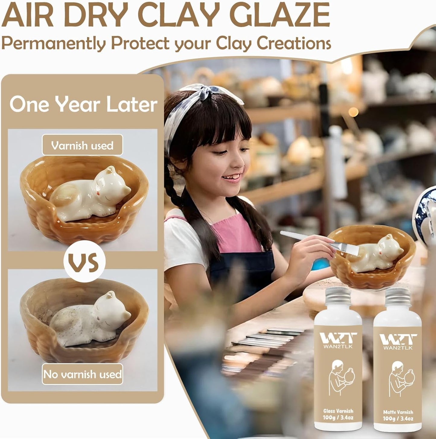 Air Dry Clay Glaze & Varnish 2-Pack (Matte & Gloss) - 100ml Each with Brush, Waterproof & Scratch Resistant Gloss Clay Varnish for Pottery/DIY Crafts/Sculptures