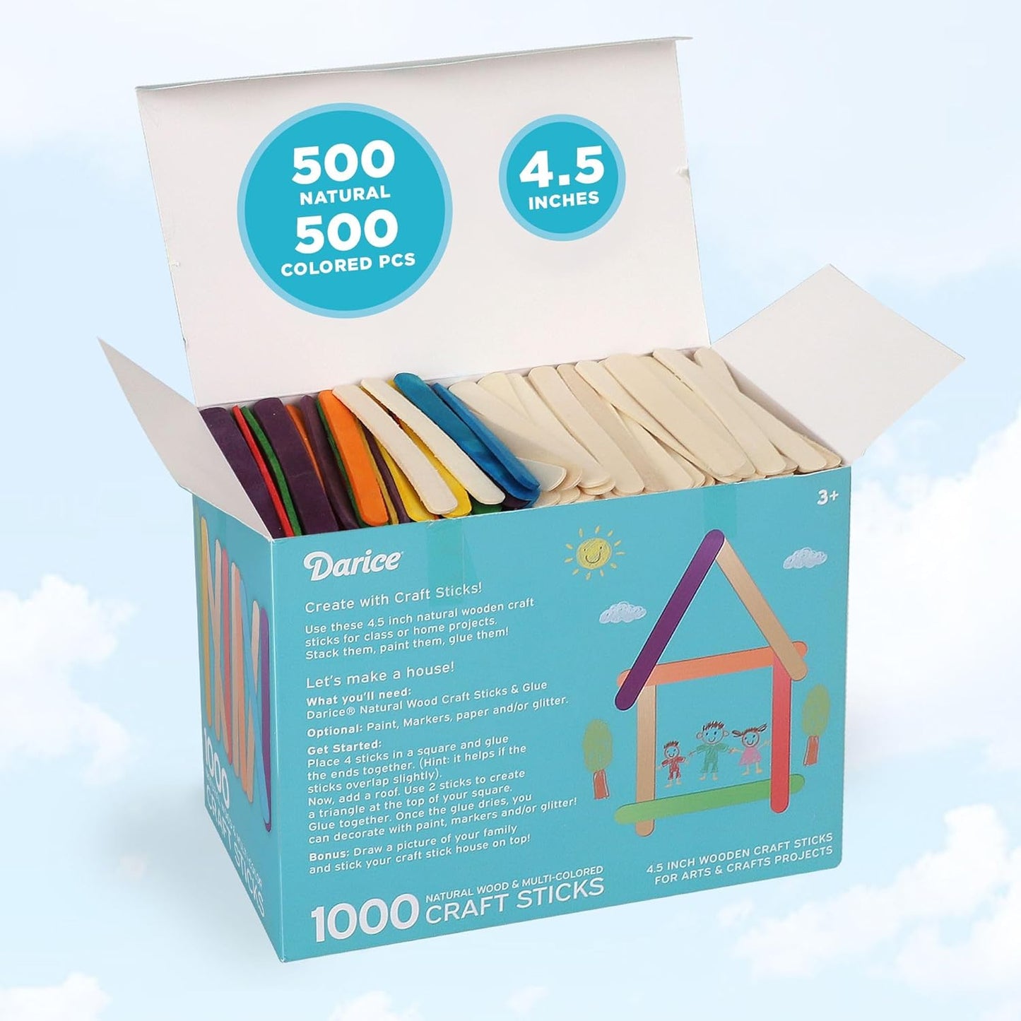 Darice Popsicle Sticks for Crafts, 4.5" 1000 Pcs Combo - 500 Pcs Colored Wooden Rainbow Craft Sticks - 500 Pcs Natural Color Waxing Sticks - Classroom Supplies, STEM DIY Art, Ages 3+