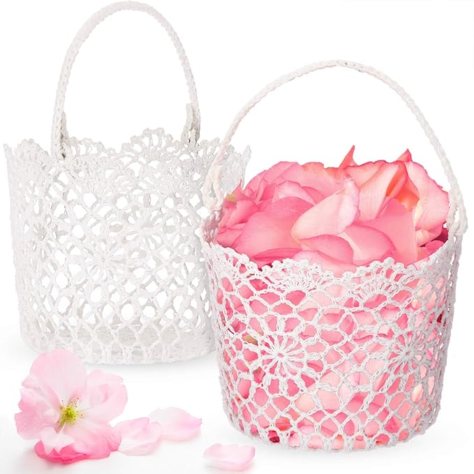 WILLBOND 8 Pcs White Flower Girl Basket with Handle for Wedding Ceremony, 5.9 x 4.72 x 4.33 Inch