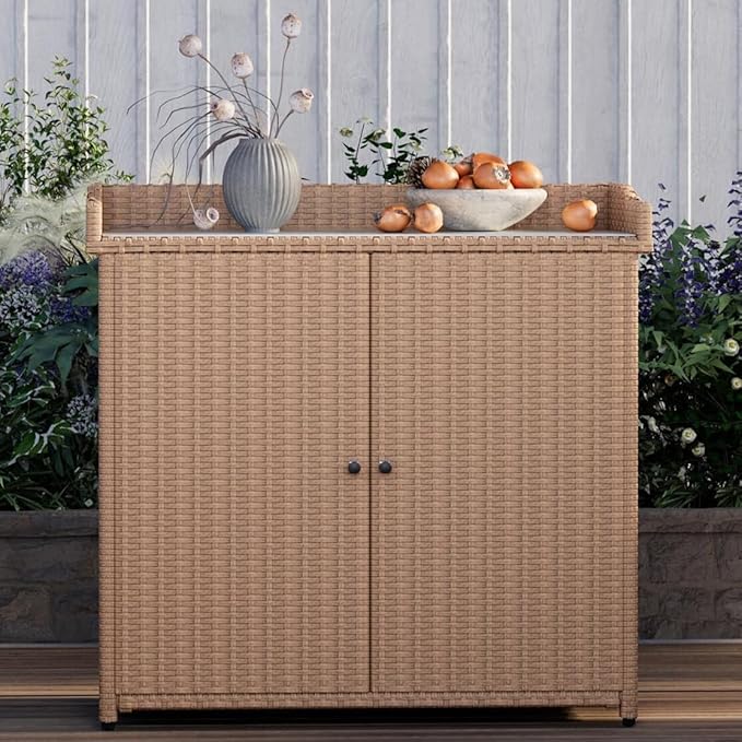 AECOJOY Outdoor Storage Cabinet & Potting Bench Table with Metal Top, Patio Storage Cabinet with Shelves and Adjustable Leg, Double Doors Garden Work Bench for Backyard, Patio, Lawn, Natural Wicker