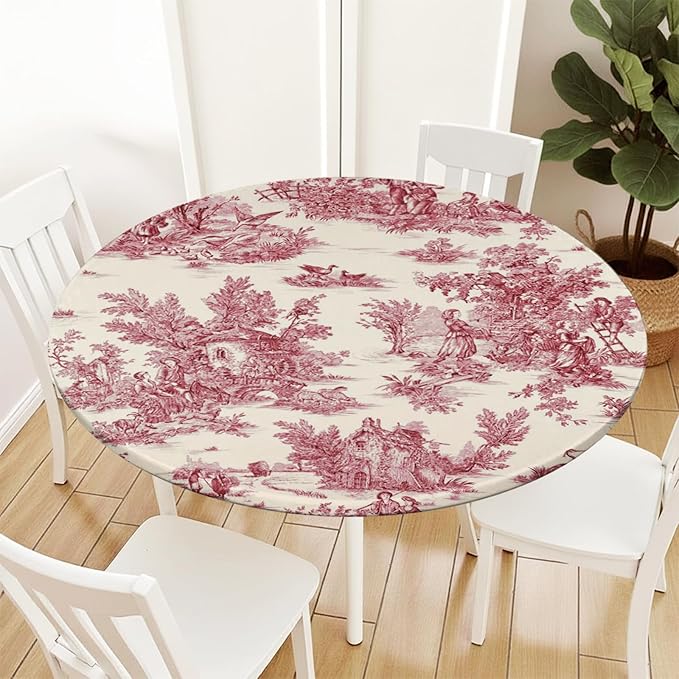 French Country Round Fitted Tablecloth with Elastic Vintage Red Circle Table Cloth for 40-44" Round Tables Wipeable Waterproof Rustic Burgundy Pink Village Table Cover for Dining Patio Picnic Decor