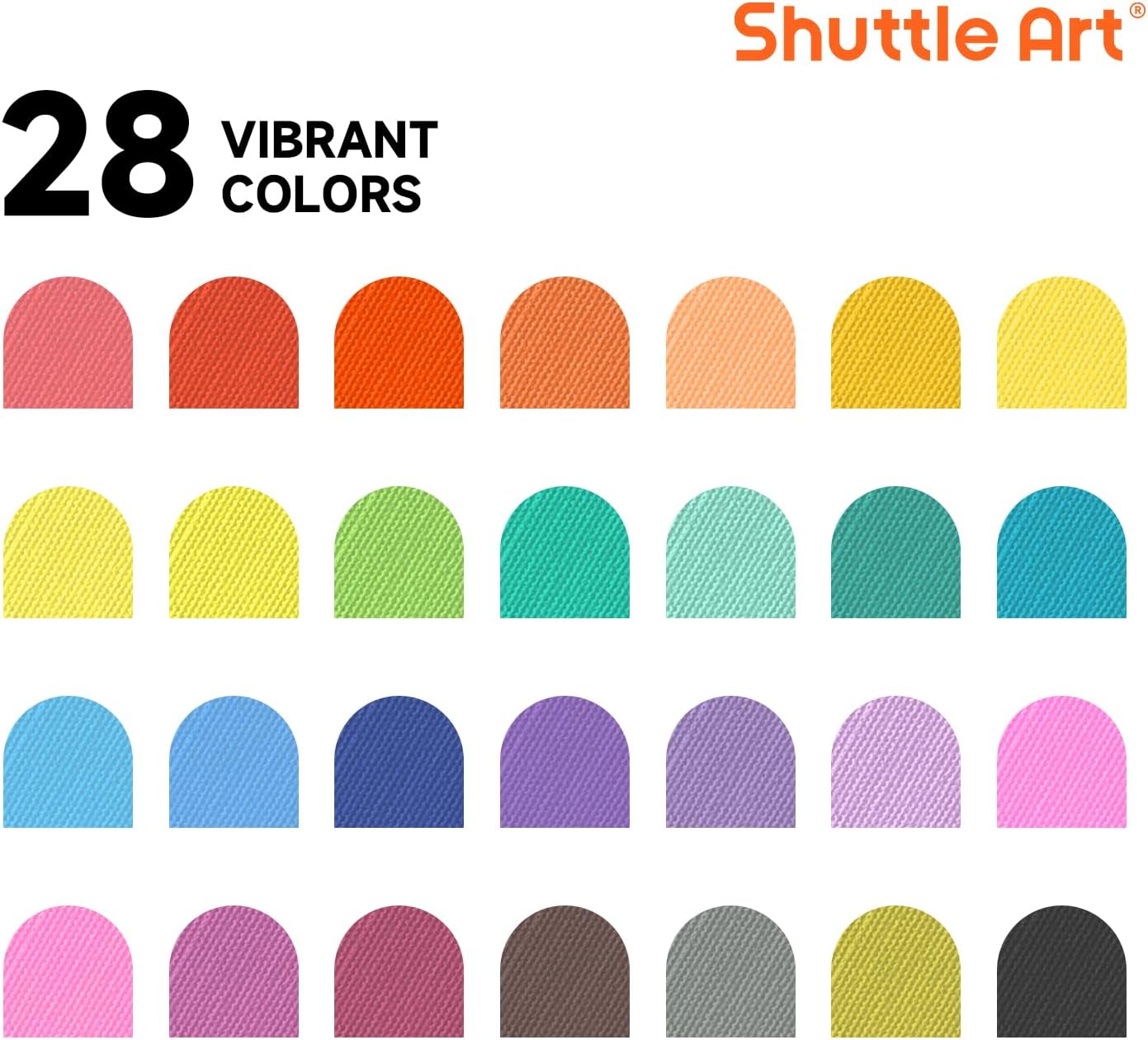 Shuttle Art 28 Colors Fabric Markers, Shirt Permanent Markers for Clothes Sneakers Jeans with 11 Stencils 1 Fabric Sheet, Fabric Pens for Kids Adult Painting Writing