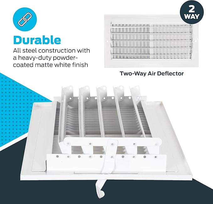 EZ-FLO 12 x 6 Inch (Duct Opening) Air Vent Cover for Wall or Ceiling, Two-Way Ventilation Register, Solid Steel HVAC Register Cover, White, 61612