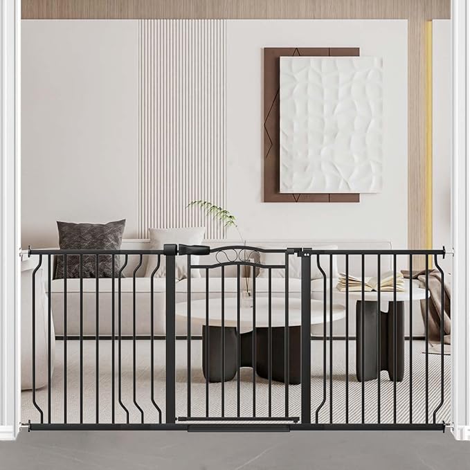 Fairy Baby 62.5"-71.6" Extra Wide Baby Gate Pressure Mount, Long Large Dog Gate Indoor Doorways Stairs, No Drill Safety Child Gate for Kids with Double Lock, Walk Thru Pet Gate for Puppy Doggy, Black