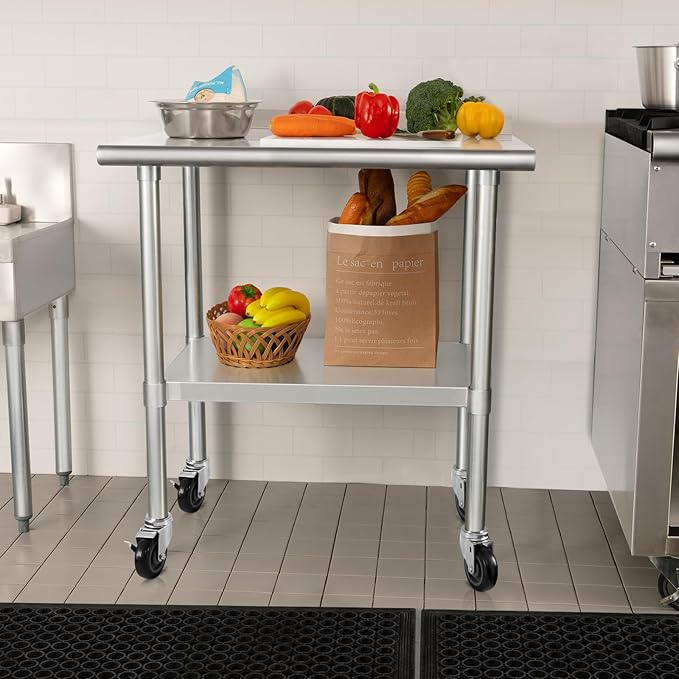 HARDURA Stainless Steel Table 24 x 30 Inches with Wheels Casters NSF Heavy Duty Commercial Prep Table with 2” Backsplash and Adjustable Undershelf for Restaurant Kitchen Home and Hotel