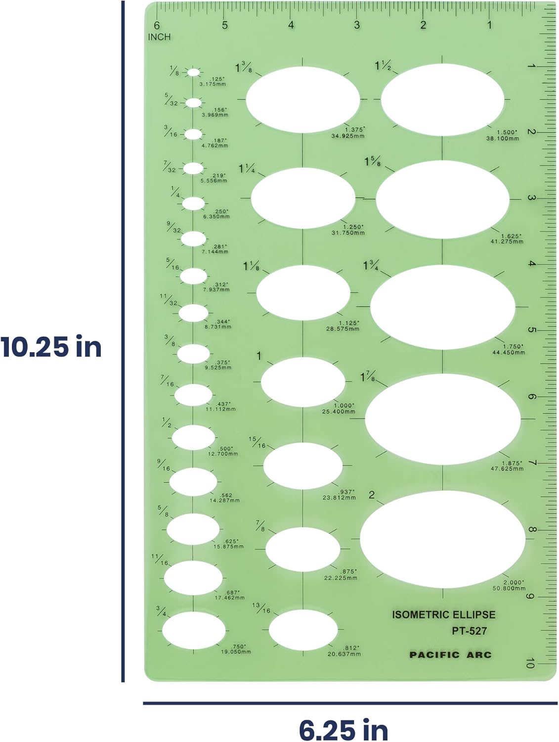 Pacific Arc Isometric Ellipse Guide Template, 27 Total Ellipse from 1/8 Inch to 2 Inch with Inch Graduations