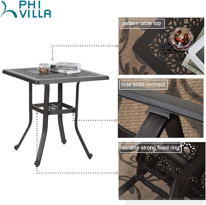 PHI VILLA Cast Aluminum Patio Bistro Dining Table Clearance with 1.97" Umbrella Hole, 27.5" Square Side Dining Table with Frosted Surface for Lawn Garden Yard