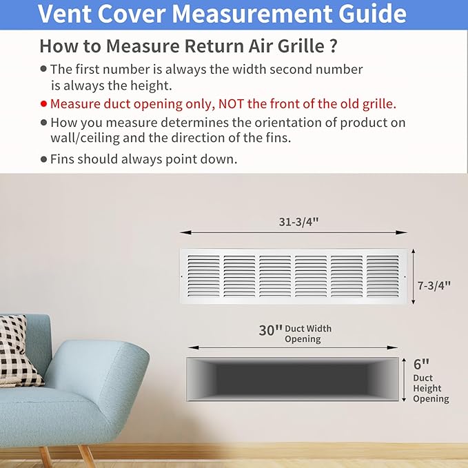 30"W x 6"H [Duct Opening Size] Steel Return Air Grille, Air Return Vent Cover for Ceiling and Sidewall - HVAC Air Vent Covers - [Outer Dimensions: 31.75"W x 7.75"H]