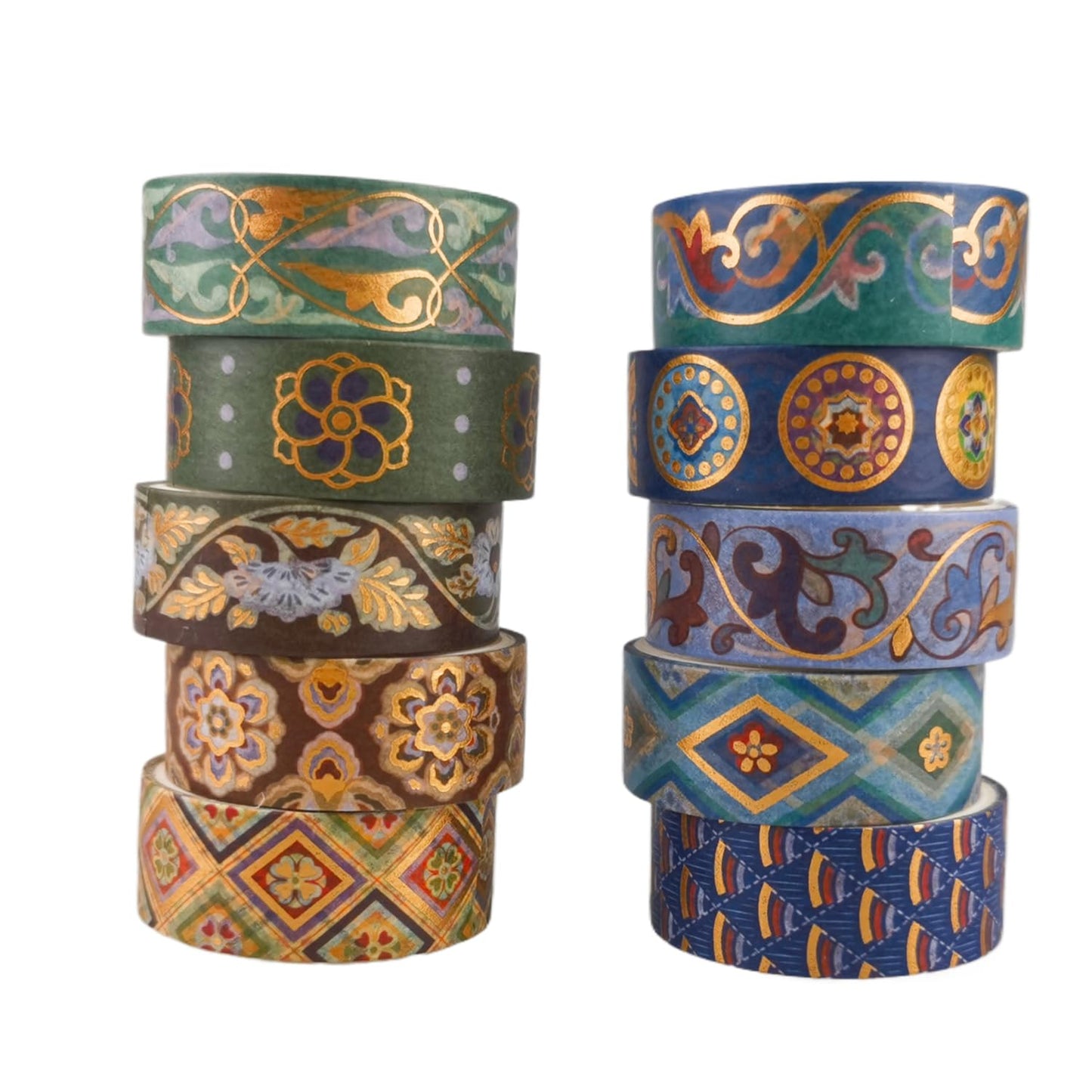 Washi Tape Set 10 Rolls, Chinoiserie Gold Foil Decorative Paper Sticker for Planner Scrapbook Journal DIY Arts Craft (Ancient Blue)