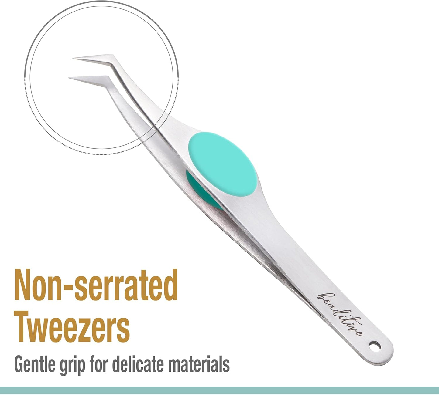 Beaditive High Precision Angled Tip Tweezers with Cushion Grip - 4.7" Craft Tweezers for Sewing, Beading & DIY Crafts - Non-Serrated Jewelry Tweezers with Fine Angled Tips - Stainless Steel (Teal)