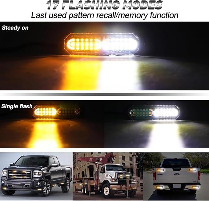 ASPL 8pcs Sync Feature Ultra Slim 12-LED Surface Mount Flashing Strobe Lights for Truck Car Vehicle LED Mini Grille Light Head Emergency Beacon Hazard Warning Lights (Amber/White)