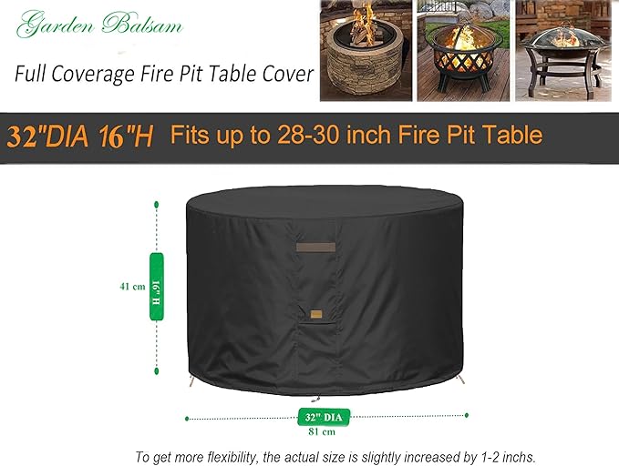 Fire Pit Cover 600D Heavy Duty Waterproof Fabric With PVC Coating Round 32" Dia x 16" H Black Fits 28-30 inch Fire Pit Table Fade Resistant Outdoor Firepit Cover