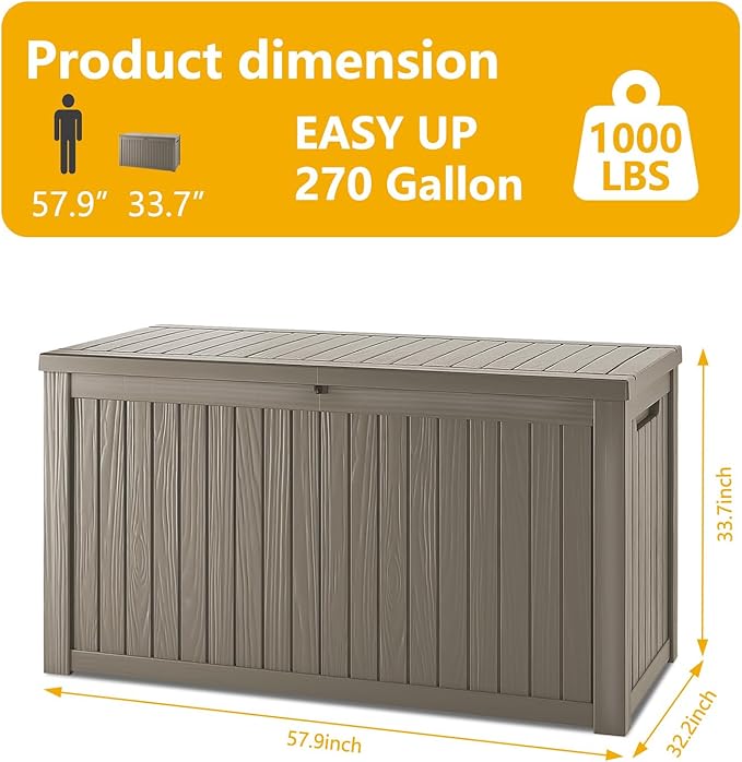 270 Gallon Deck Box, Resin Outdoor Indoor Waterproof Storage Box, Lockable Storage Box With Handle for Patio Furniture - Garden Tools - Swimming Pool Tools UV-Resistant - Grey