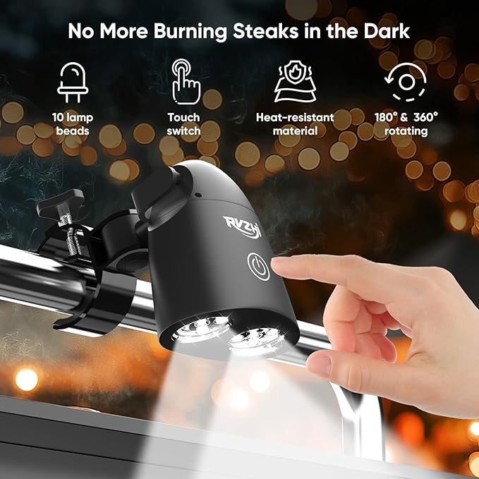 Grill Light BBQ Accessories: Upgraded 10 LEDs Bright Outdoor Grill Light - Unique Valentines Day Gifts for Him Mens Husband Dad - Flexible Rotation Adjustable C-clamp Smoker Grilling Accessories