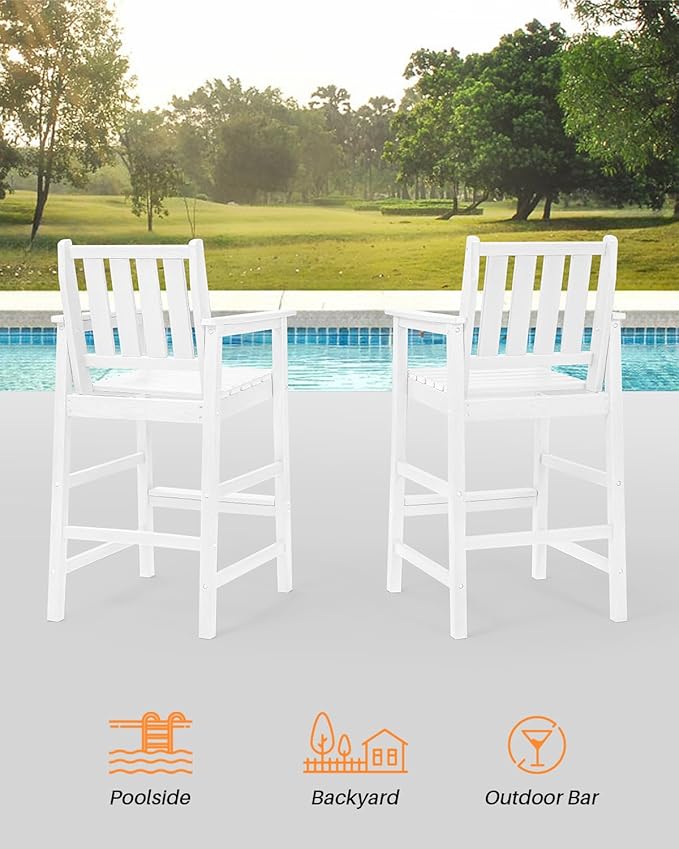 Adirondack Bar Chair Set of 2, HDPE Tall Adirondack Chairs Bar Stools with Footrest, Outdoor Bar Height Stool Chair Set, HDPE Patio Barstools Set for Balcony, Porch, Deck, Pool, Pearl