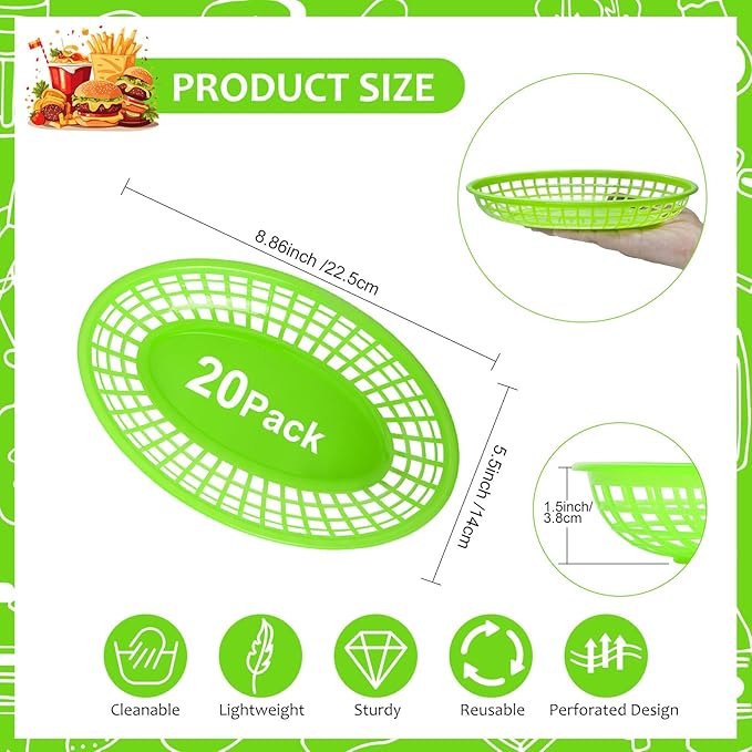 20 Pack Plastic Fast Food Baskets, 8.8" × 5.5" Small Oval Restaurant Serving Baskets Tray for Burgers, Sandwiches, Hot Dogs, Parties, Food Trucks, Reusable or Disposable, Stackable(Green)