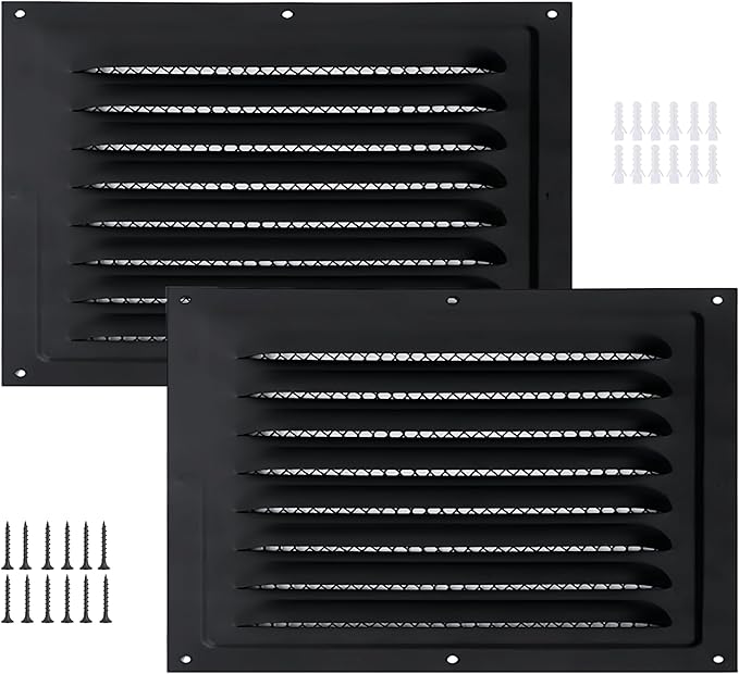 2pcs Attic Vent Soffit Vent Aluminum Wall Vent Metal Shed Vent Square Vent Louver Vent Grille with Built-in Insect Screen for Exterior Door House Attic Garage Ceiling (Black 12" x 8"-2 Pack)