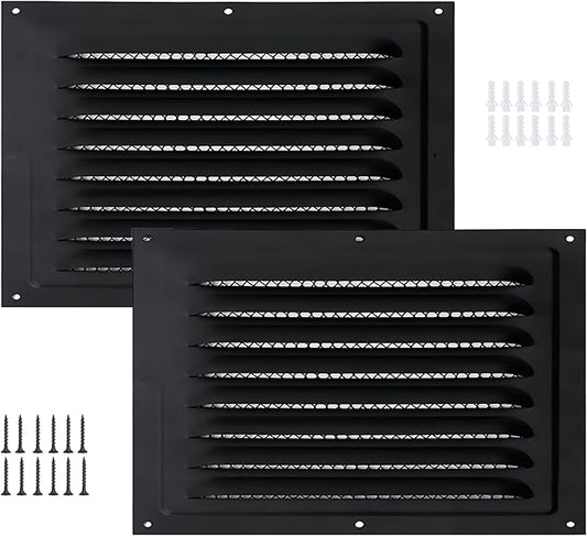 2pcs Attic Vent Soffit Vent Aluminum Wall Vent Metal Shed Vent Square Vent Louver Vent Grille with Built-in Insect Screen for Exterior Door House Attic Garage Ceiling (Black 12" x 8"-2 Pack)