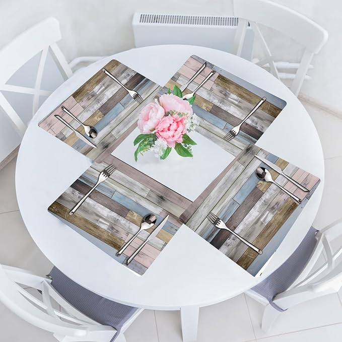 Farmhouse Placemats Set of 4 - Driftwood Faux Leather Heat Resistant Placemat for Dinner Table, Non-Slip Waterproof Oil-Proof Washable Reusable for Indoor Outdoor Kitchen Decor, 15.75In*11.81In